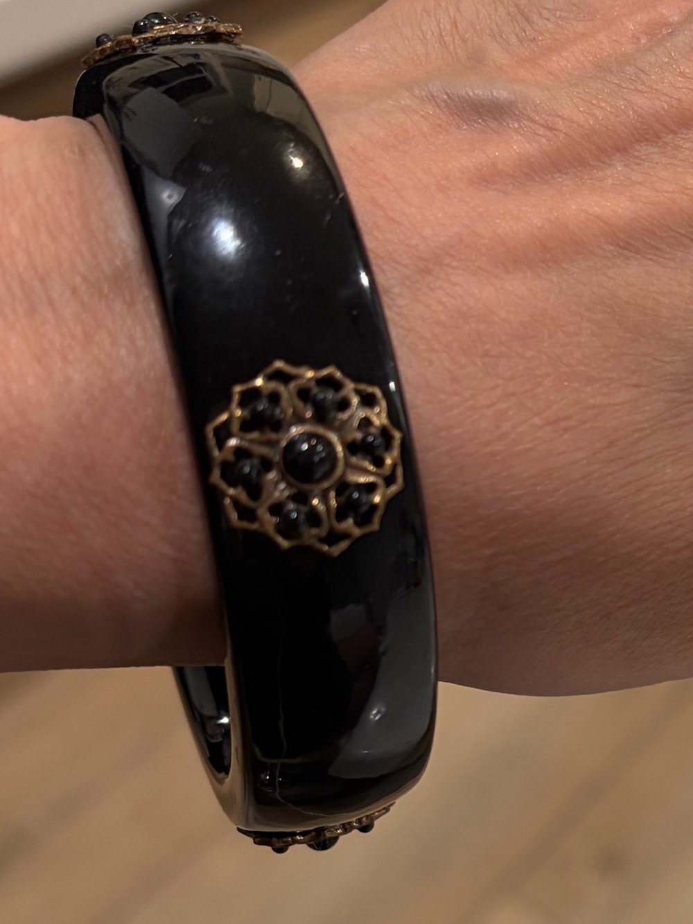 Vintage 1980s Black Lucite Bangle Gold Filigree Medallions Statement Bracelet